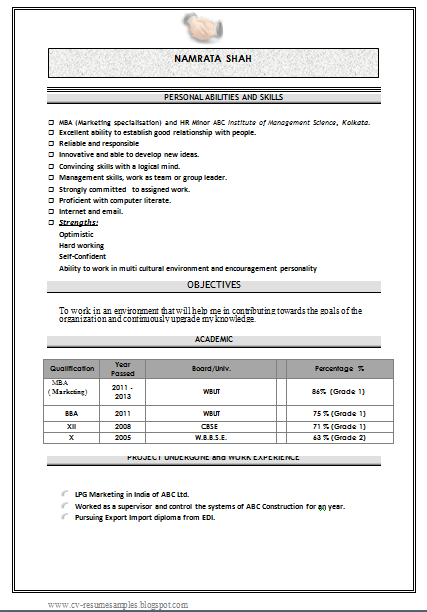 Sample resume for mba freshers doc